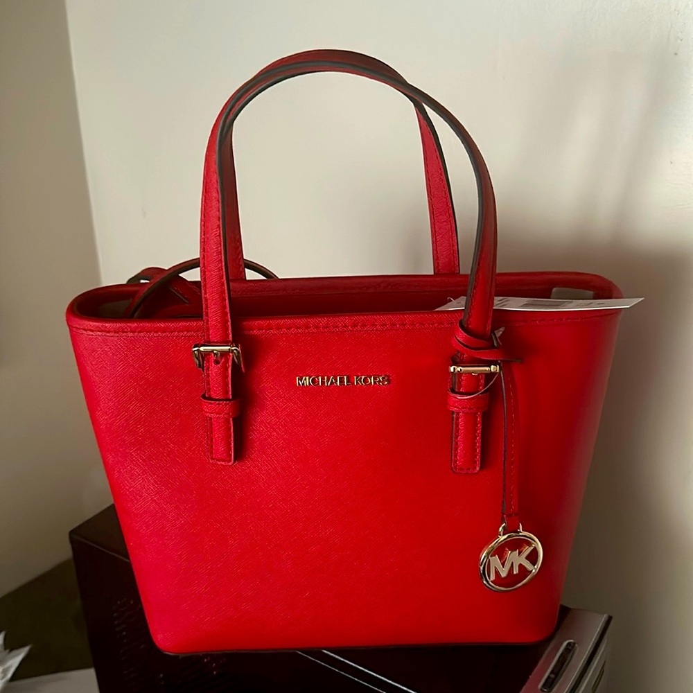 Michael Kors Jet Set Travel Extra-Small Top Zip Tote Bag Red | Color: Gold/Red